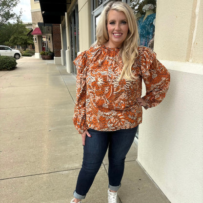 Burnt Orange Floral Print Ruffle Sleeve Top