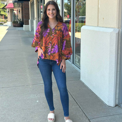 Brown Leaf Button Down Top