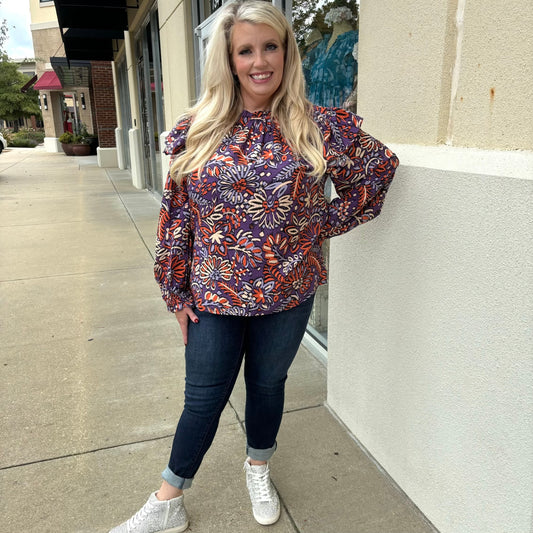 Purple Floral Print Ruffle Sleeve Top