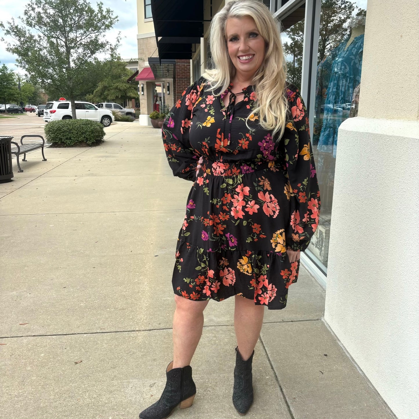 Black Floral V-Neck Dress