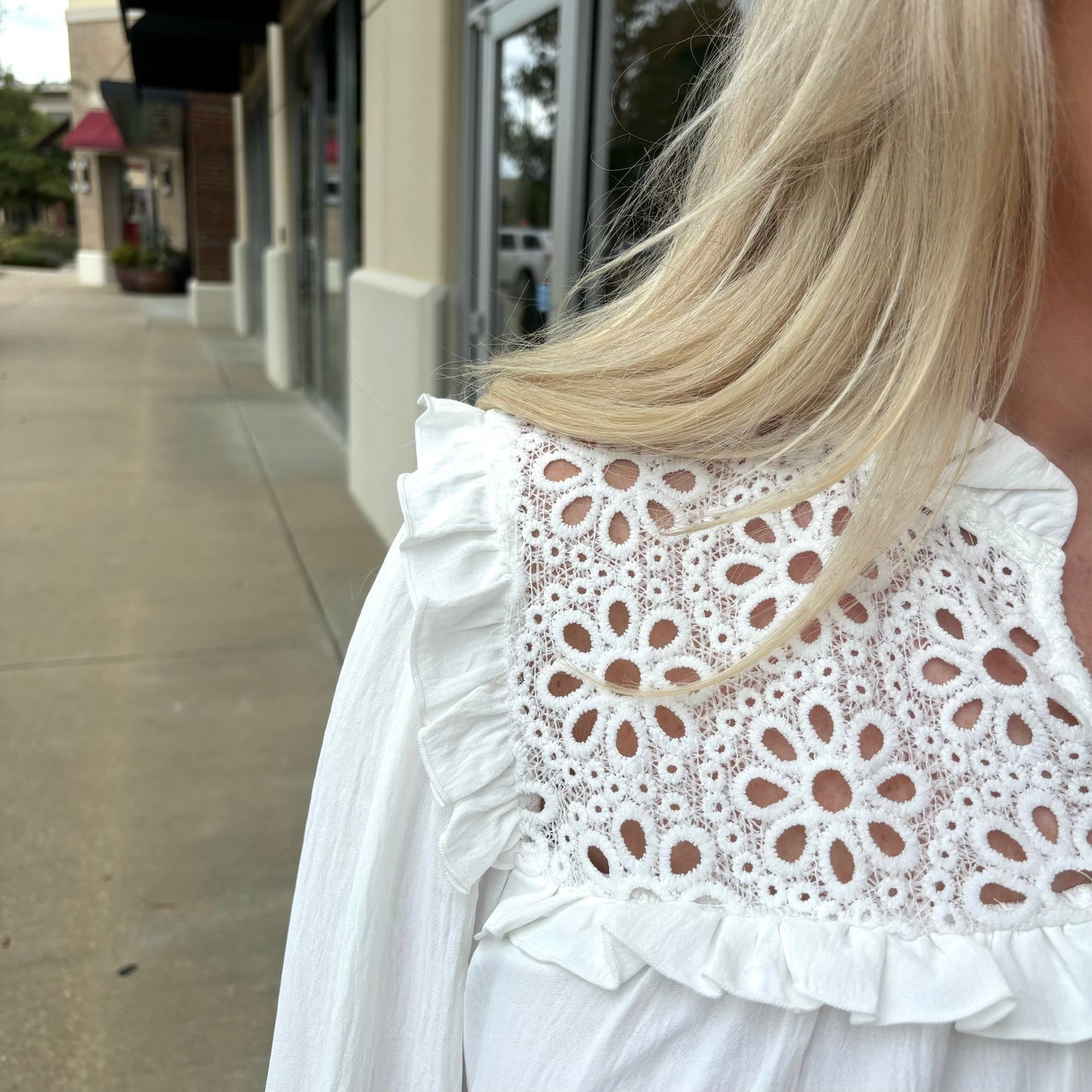 Off White Eyelet Lace Long Sleeve Top