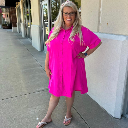 Hot Pink Woven Shirt Dress