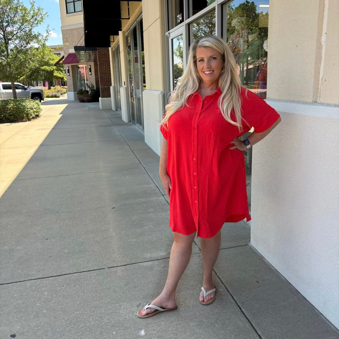 Red Woven Shirt Dress