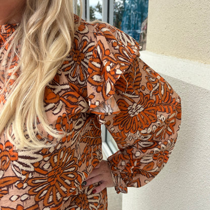 Burnt Orange Floral Print Ruffle Sleeve Top