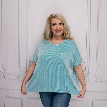 Teal Corded Oversized Short-Sleeve Top