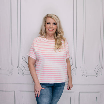 Pink Stripe Jacquard Round-Neck Top