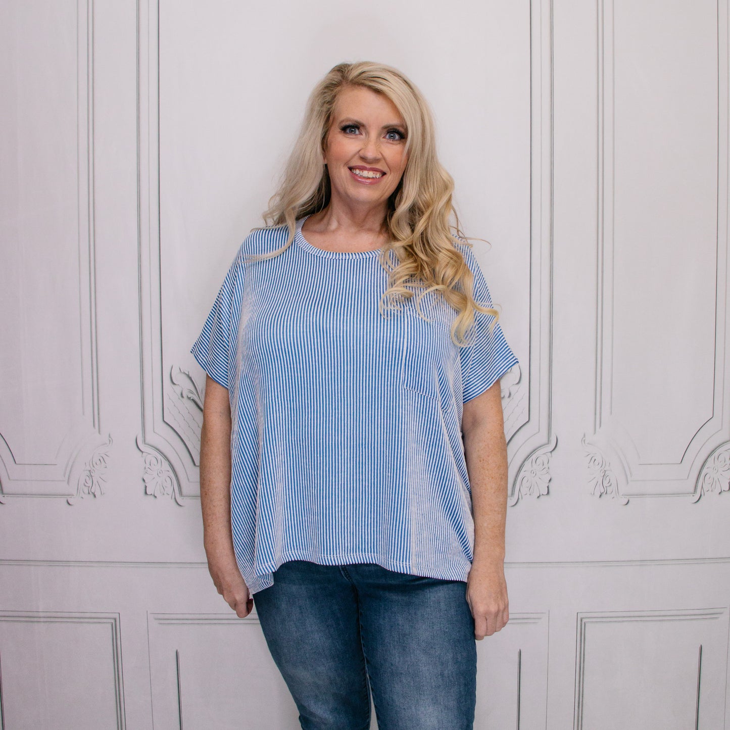 Blue Corded Oversized Short-Sleeve Top