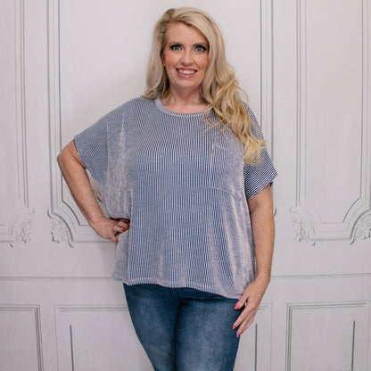 Navy Corded Oversized Short-Sleeve Top