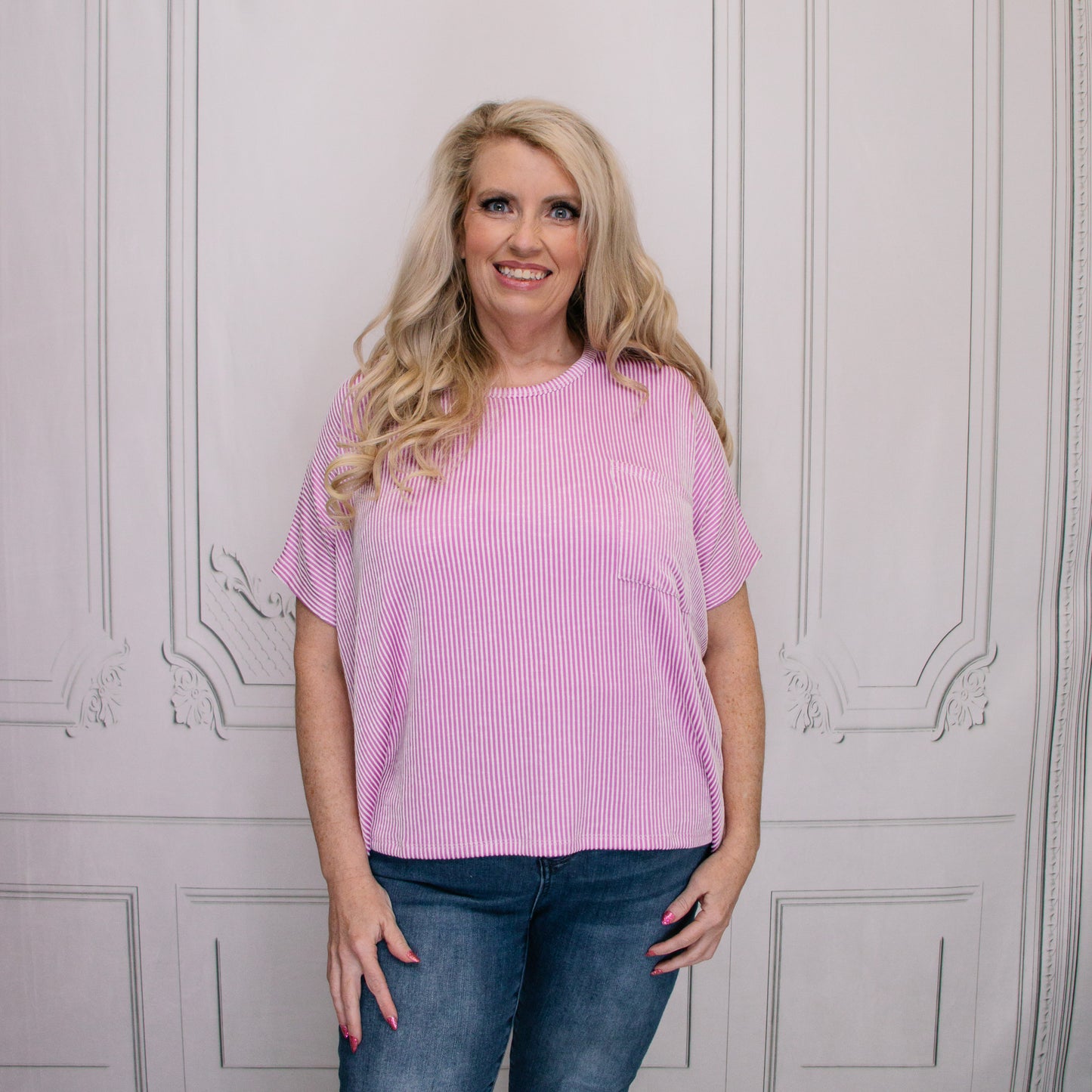 Mauve Corded Oversized Short-Sleeve Top