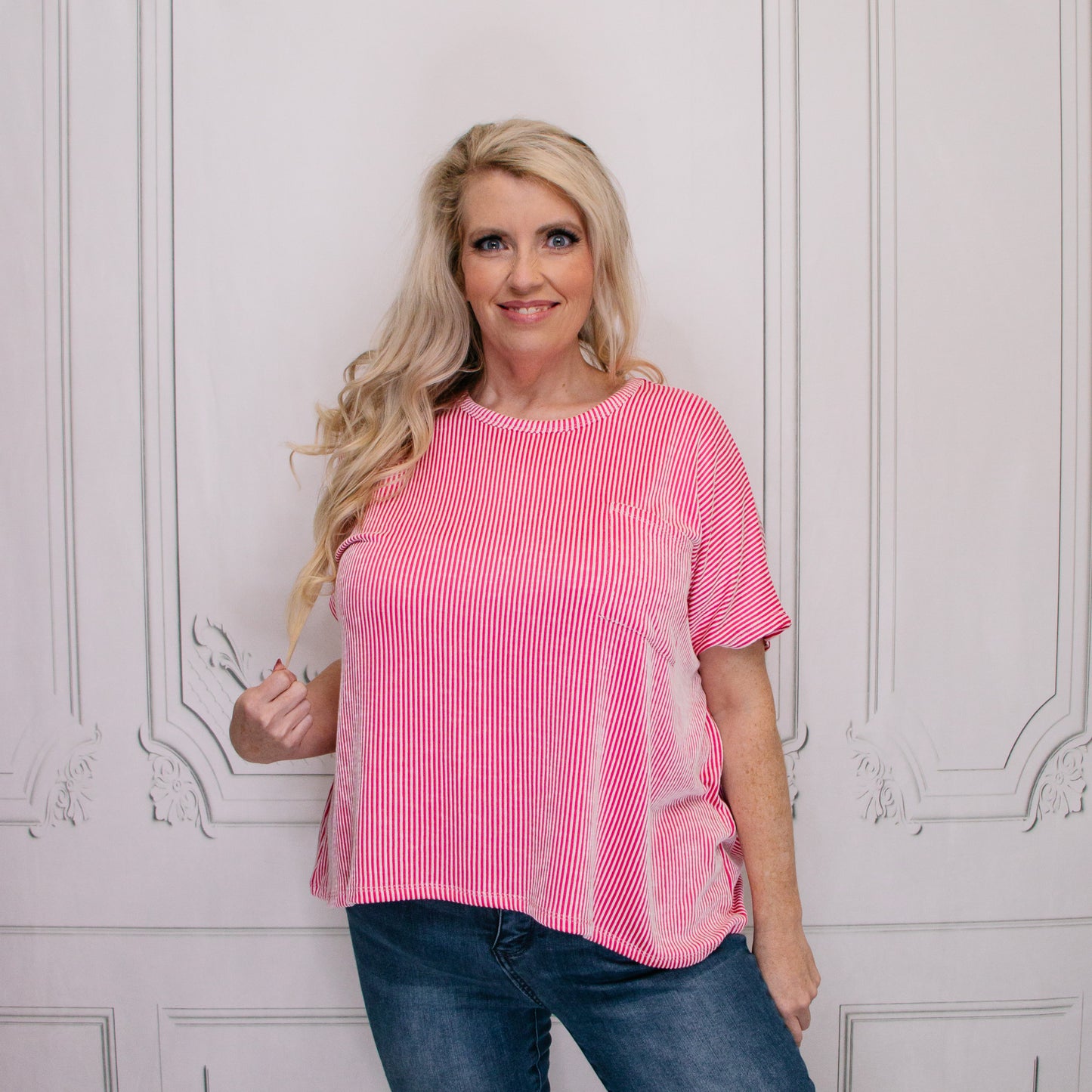 Hot Pink Corded Oversized Short-Sleeve Top