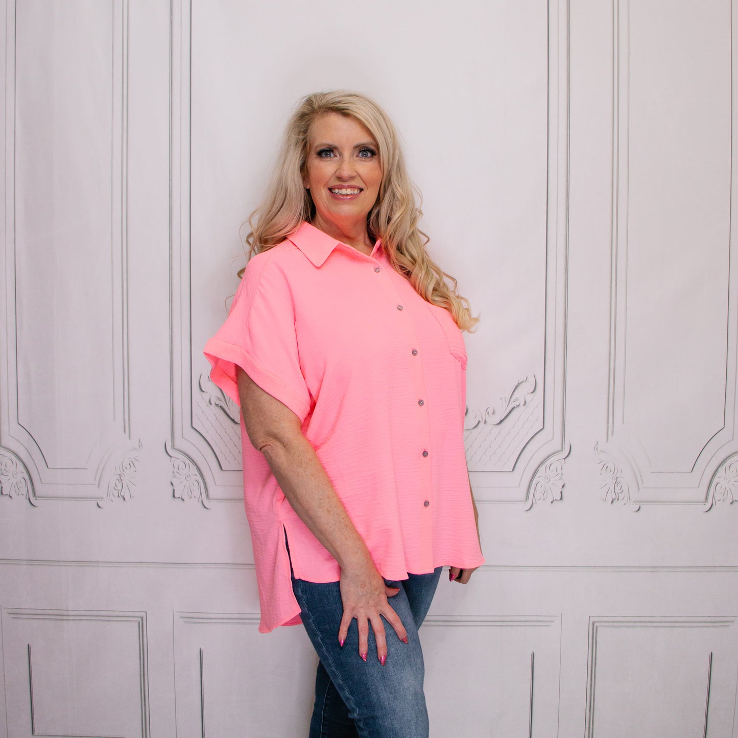 Neon Pink Button Down Top