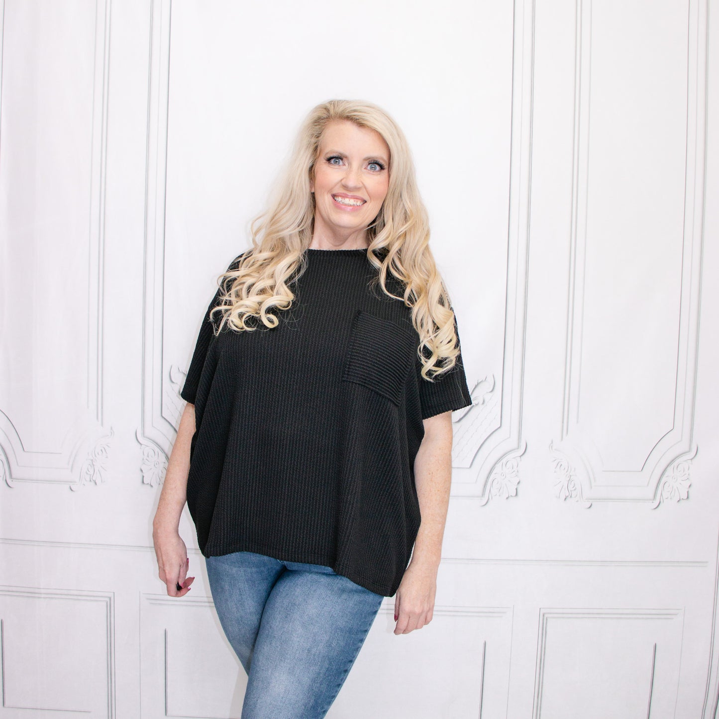 Black Corded Rib Short Sleeve Front Pocket Top