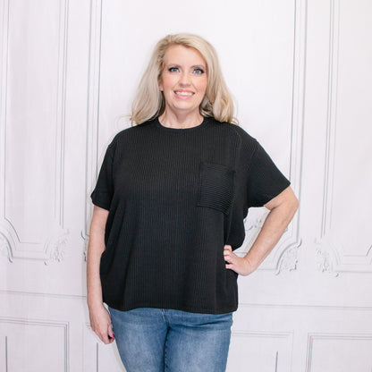 Black Corded Rib Short Sleeve Front Pocket Top