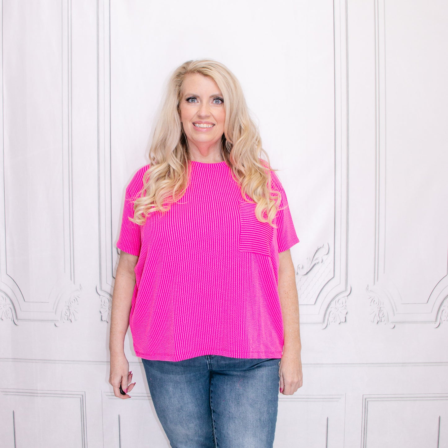 Hot Pink Corded Rib Short Sleeve Front Pocket Top