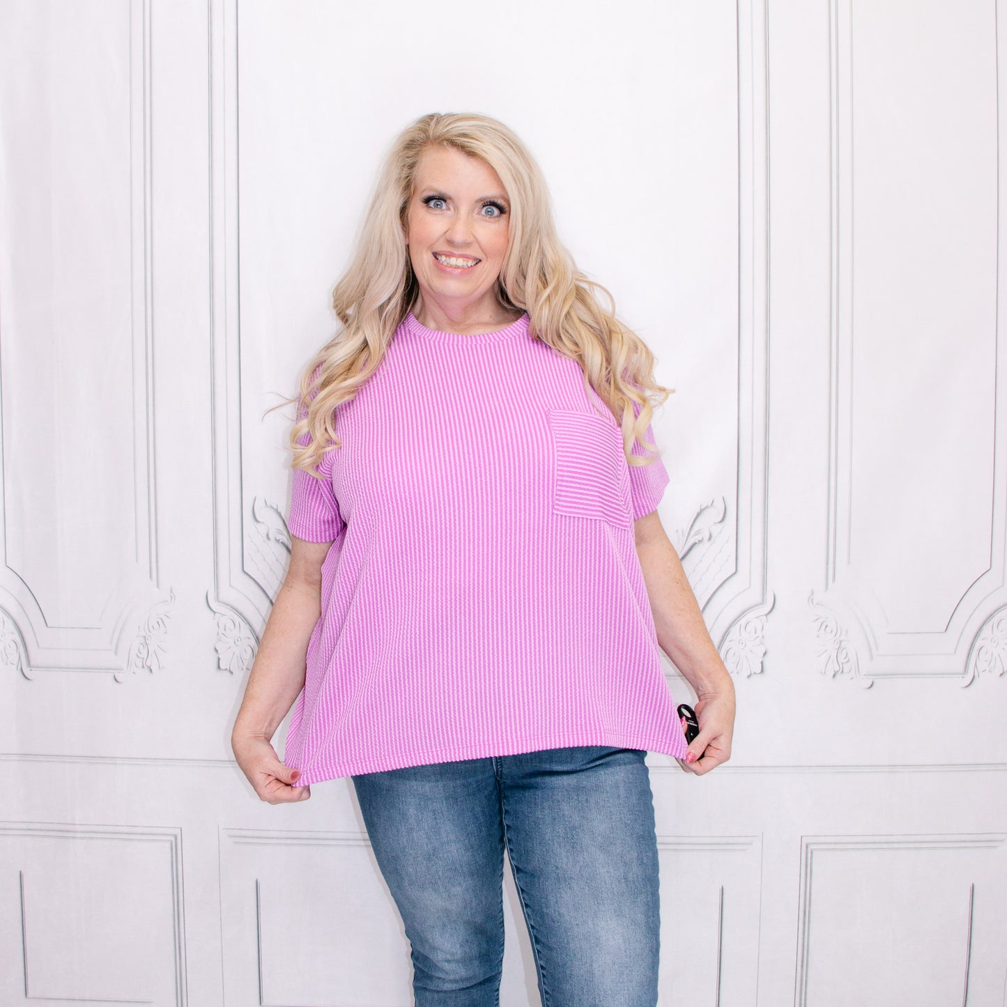 Purple Corded Rib Short Sleeve Front Pocket Top