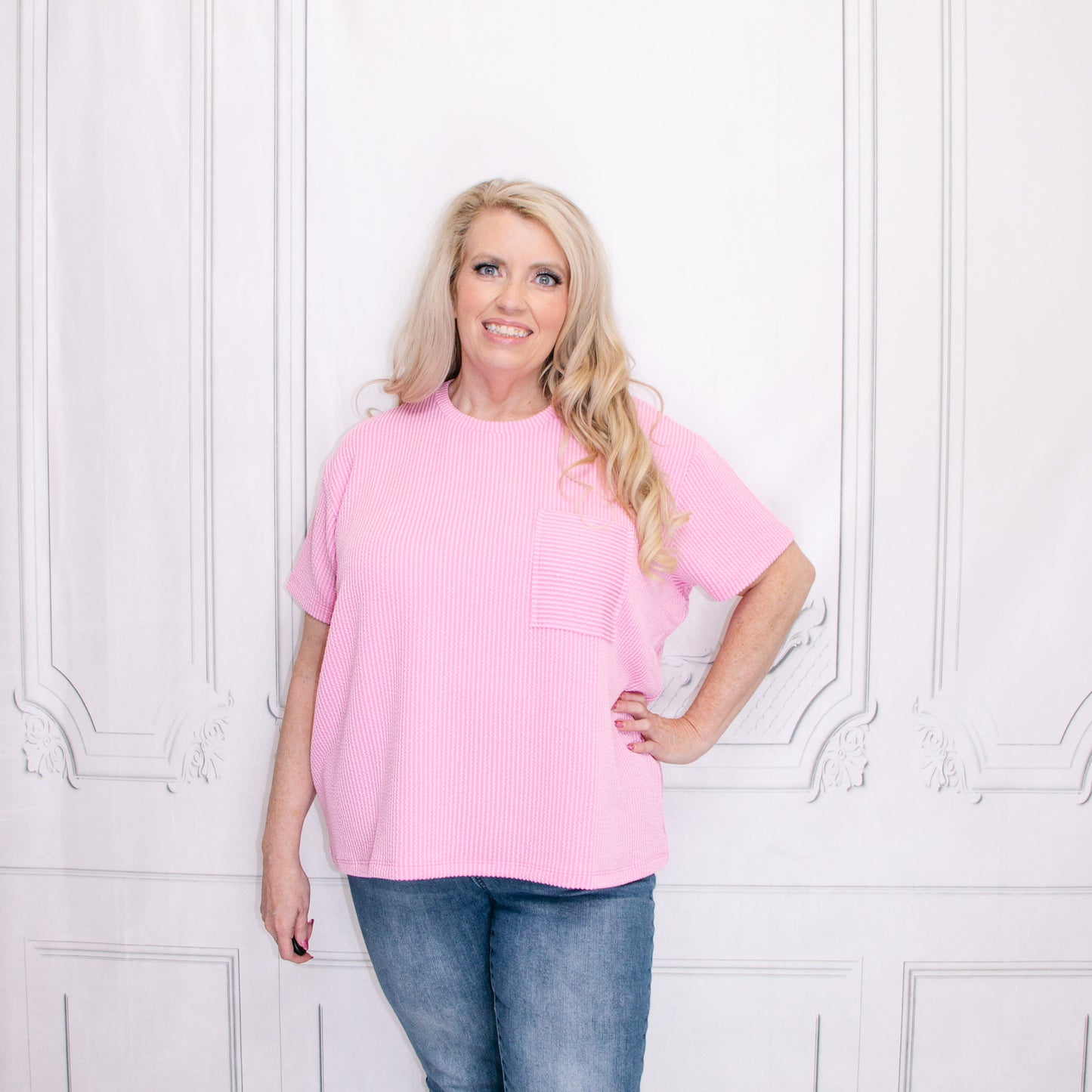 Light Pink Corded Rib Short Sleeve Front Pocket Top