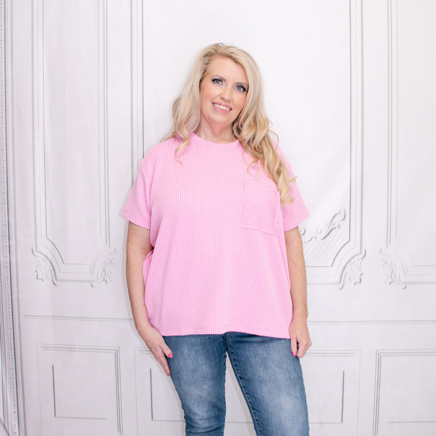 Light Pink Corded Rib Short Sleeve Front Pocket Top