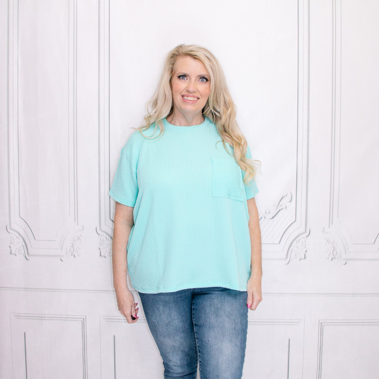 Mint Corded Rib Short Sleeve Front Pocket Top