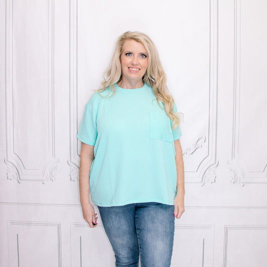 Mint Corded Rib Short Sleeve Front Pocket Top