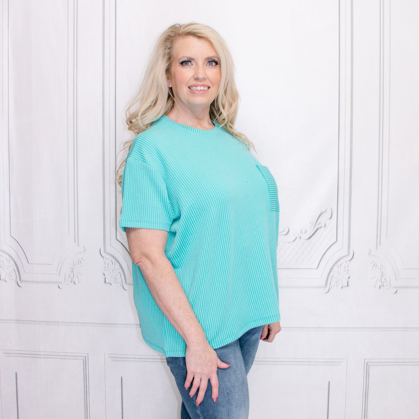 Teal Corded Rib Short Sleeve Front Pocket Top