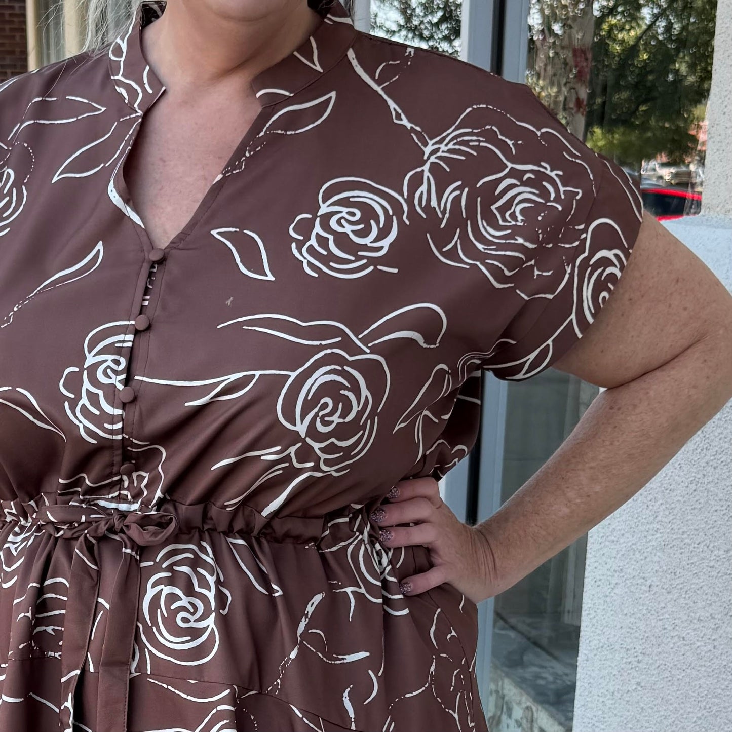 Brown Floral Tie Waist Dress