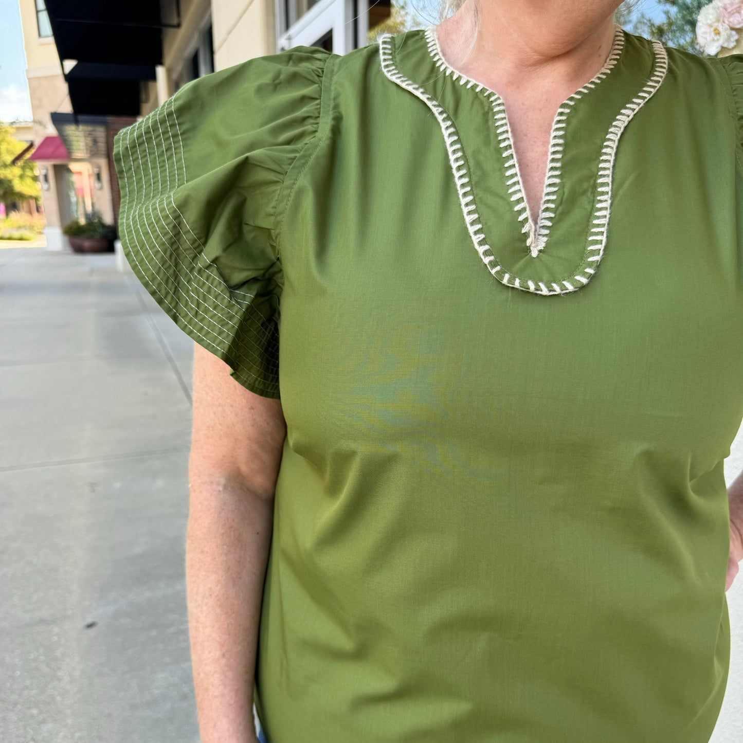 Olive Ruffle Top with Stitching