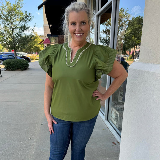 Olive Ruffle Top with Stitching